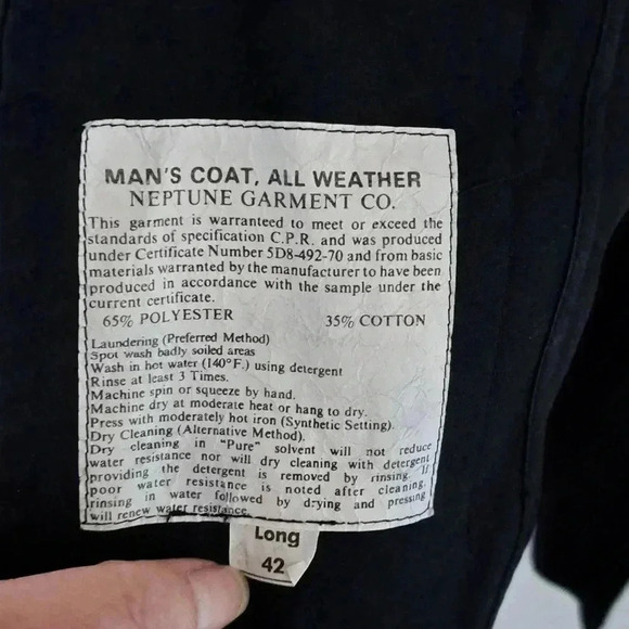 Vintage Neptune Garment Co. Military Man's Trench Coat All Weather Size Long 42 - Picture 6 of 13